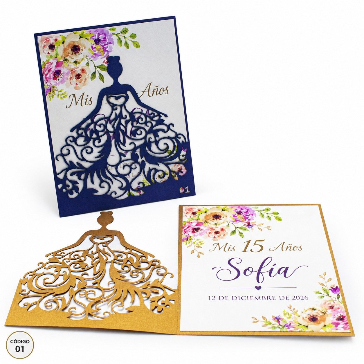 Invitación de 15 años · Silueta con vestido calado y flores · 01