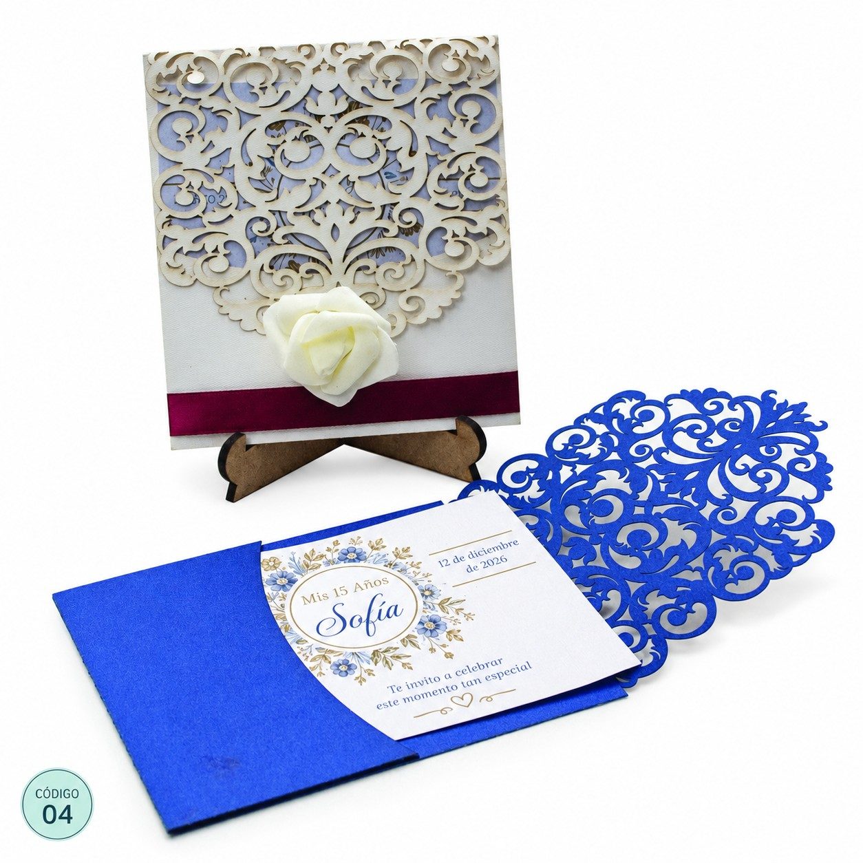 Invitación de 15 años · Encaje blanco con flor y cinta vino · 04