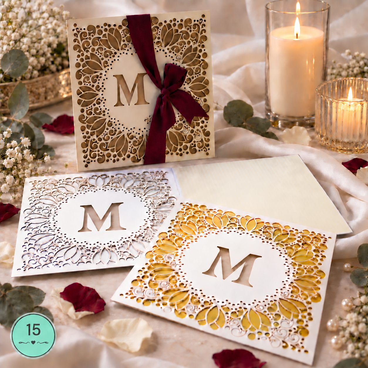 Invitación de 15 años · Inicial decorativa con lazo vino · 15