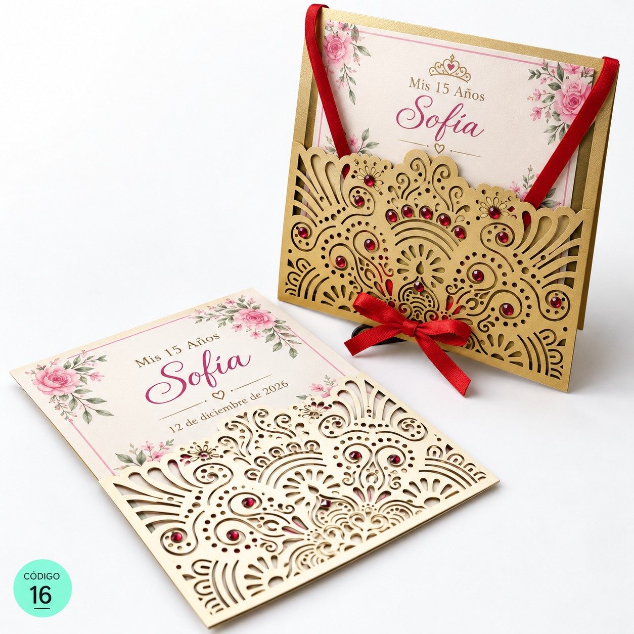 Invitación de 15 años · Calado dorado con cinta roja · 16