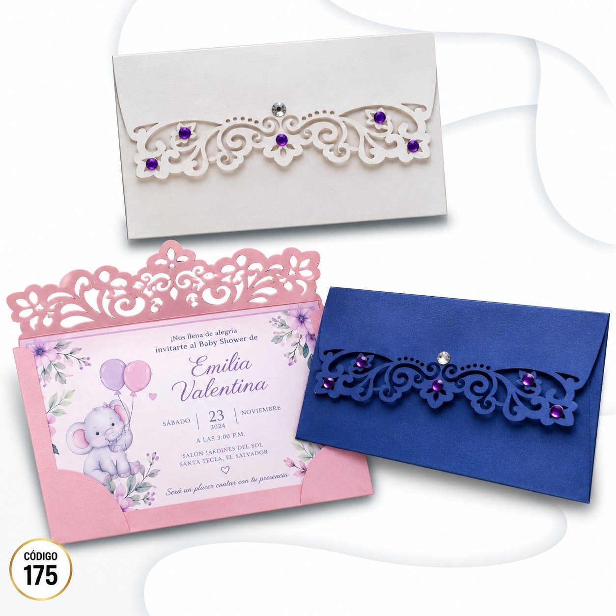 Invitación de 15 años · Sobre con franja floral calada · 175