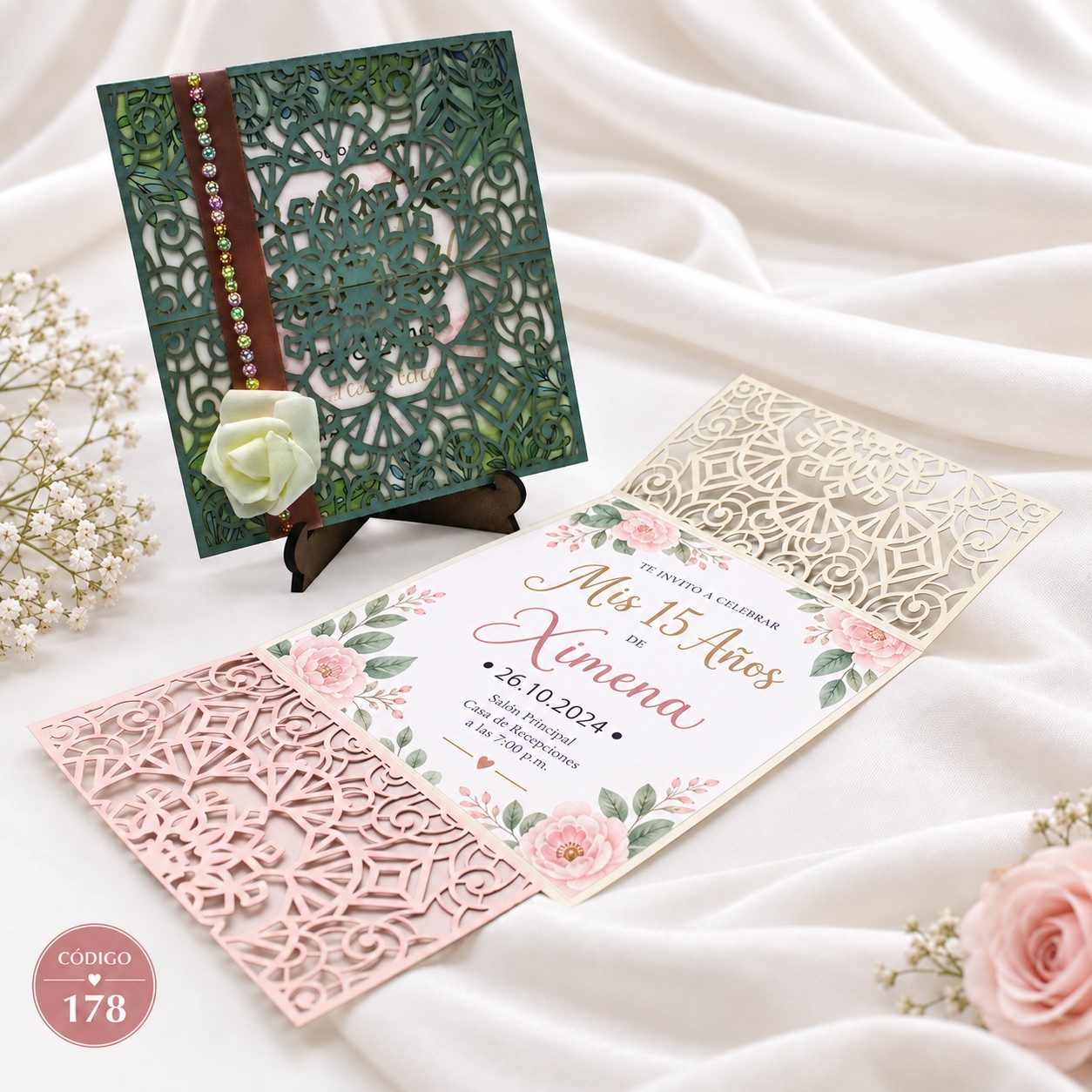 Invitación de 15 años · Encaje verde con cinta lateral · 178
