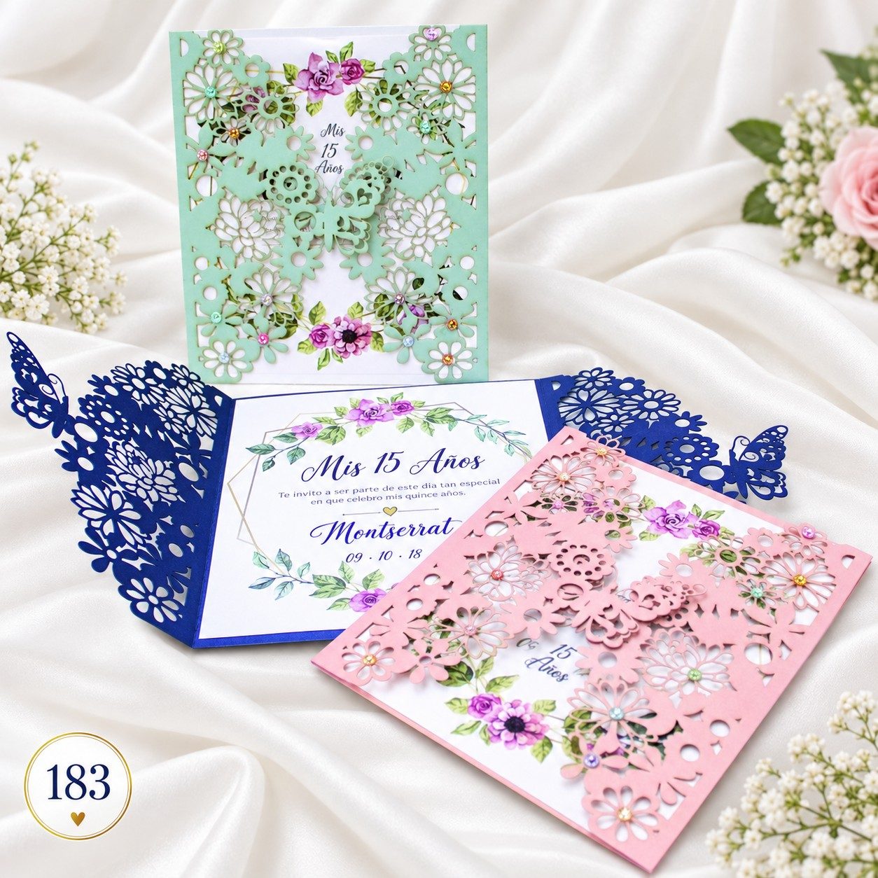 Invitación de 15 años · Encaje menta con flores · 183