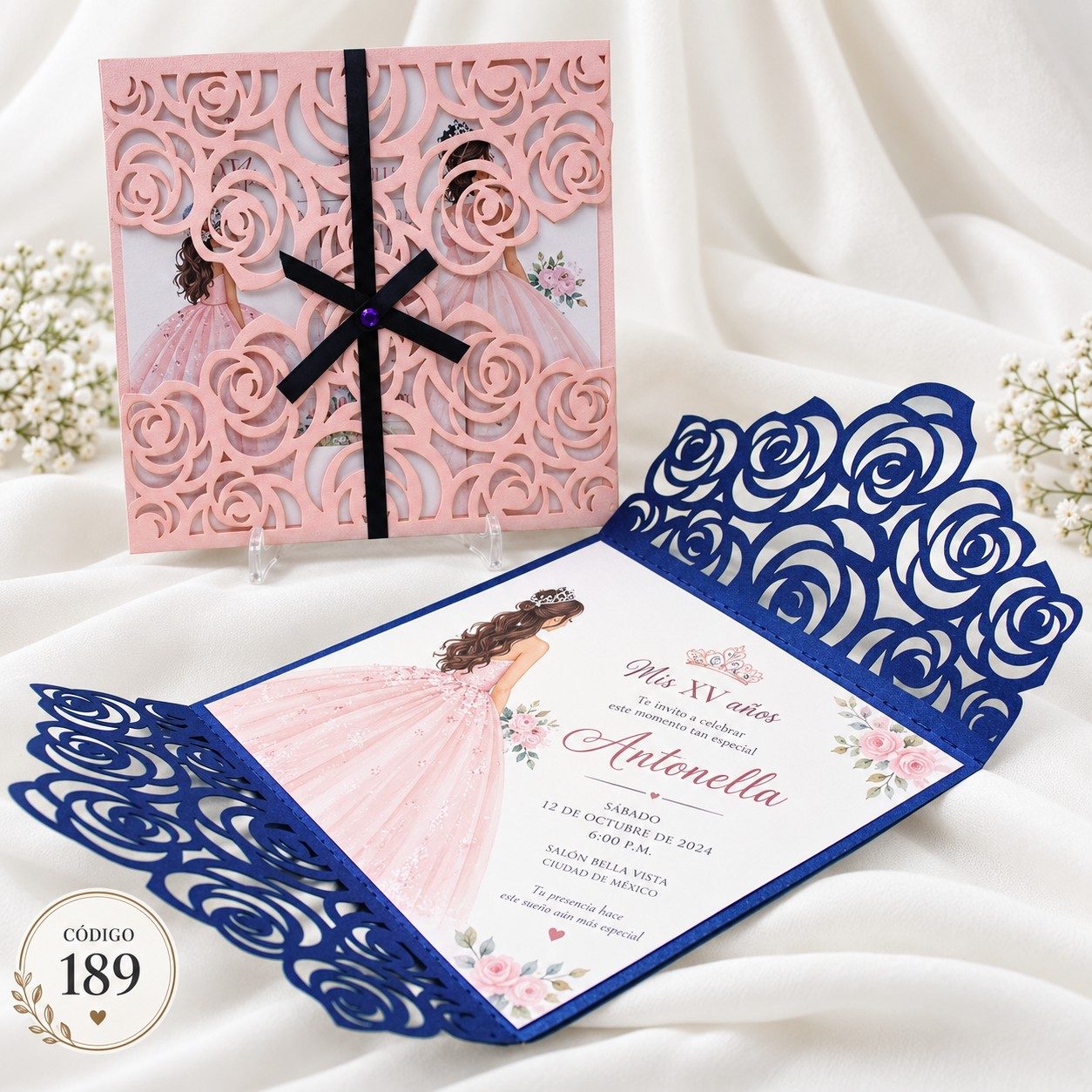 Invitación de 15 años · Calado rosa con lazo negro · 189