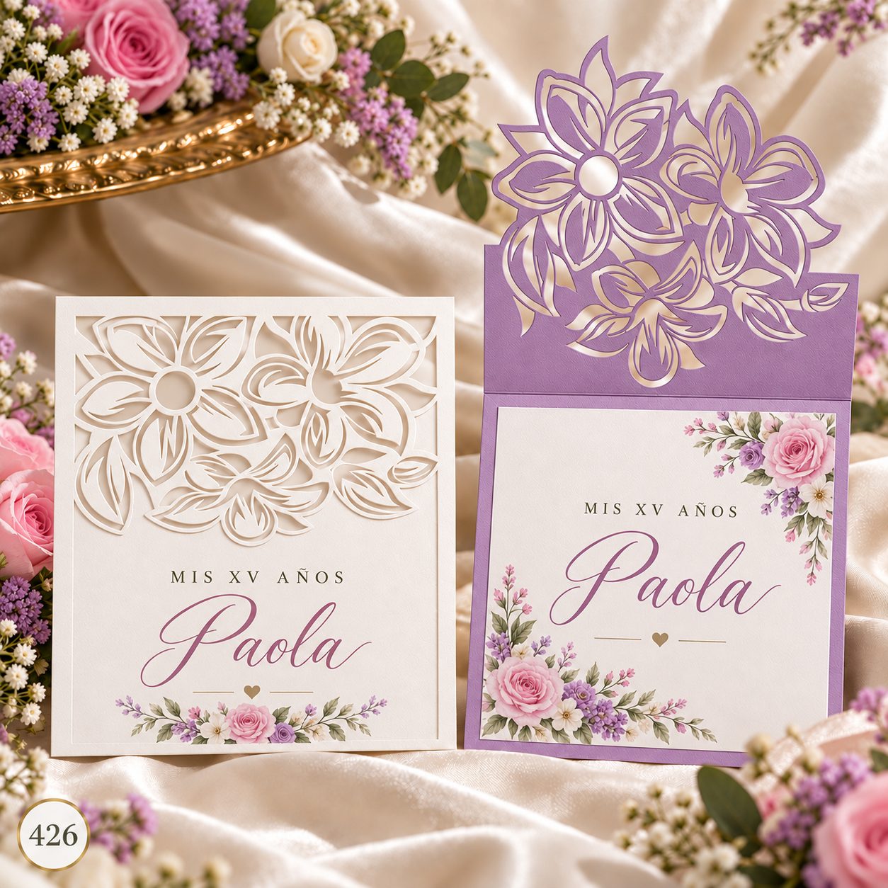 Invitación de 15 años · Flor grande en la solapa · 426