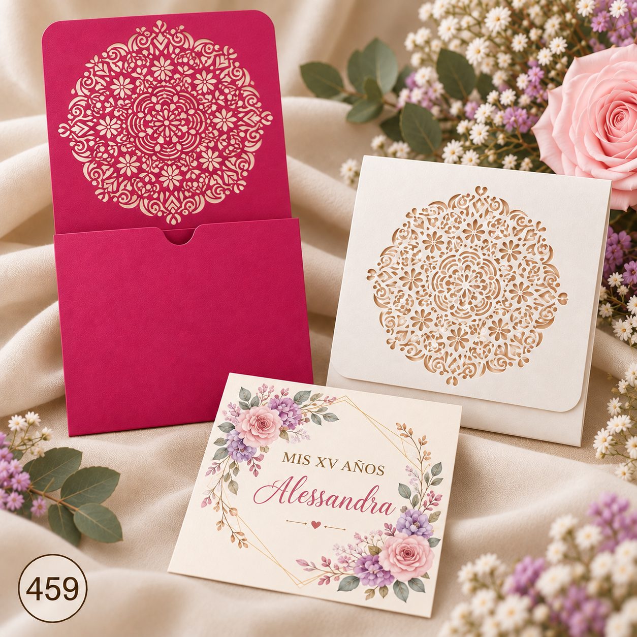 Invitación de 15 años · Mandala floral en portada fucsia · 459