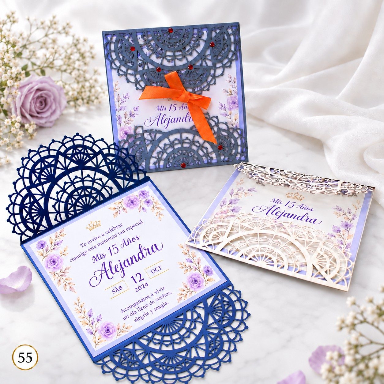 Invitación de 15 años · Encaje azul con cinta naranja · 55