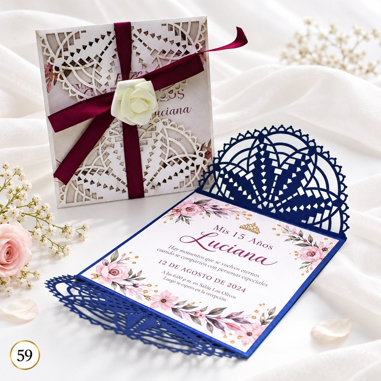 Invitación de 15 años · Calado blanco con flor y cinta vino · 59