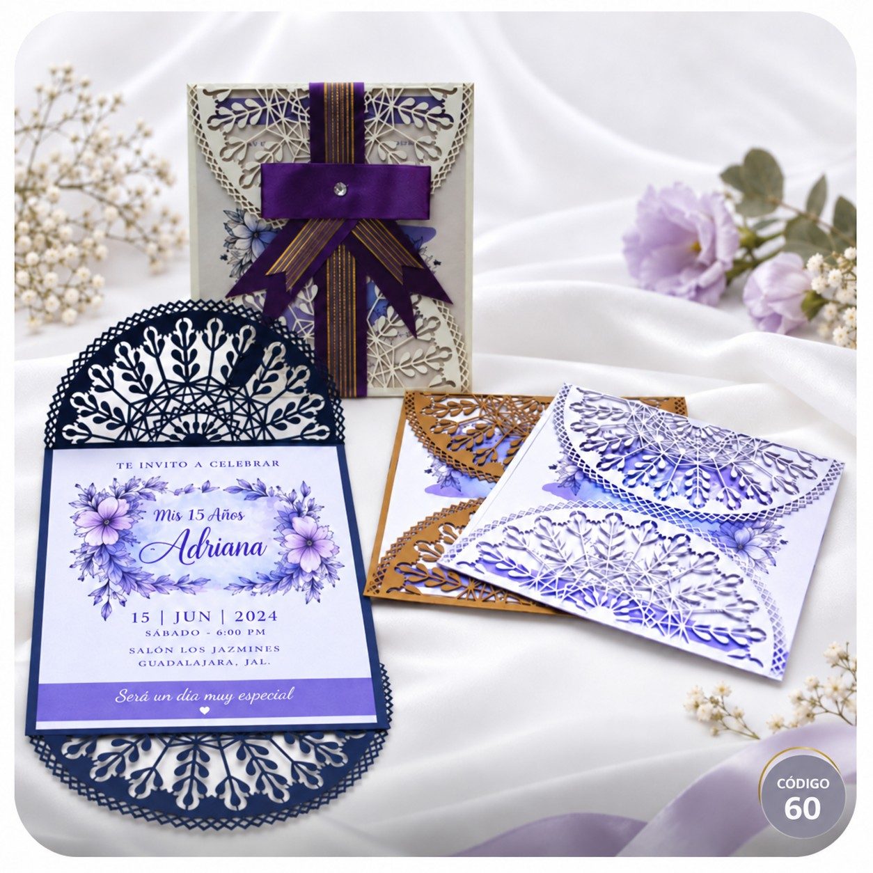 Invitación de 15 años · Calado con cinta morada · 60