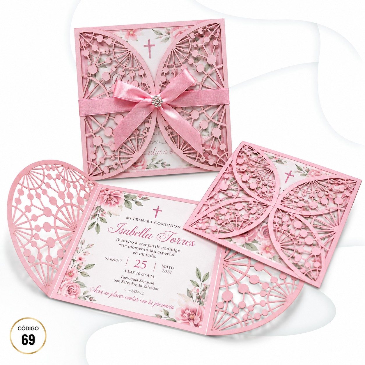 Invitación de 15 años · Filigrana rosa con cintas cruzadas · 69
