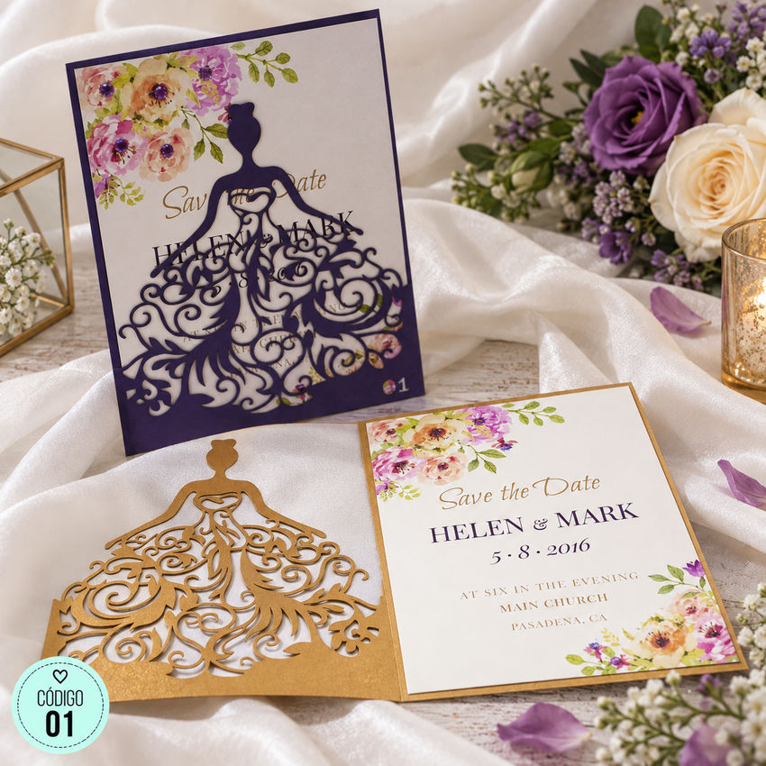 Invitación de boda · Silueta con vestido calado y flores · 01