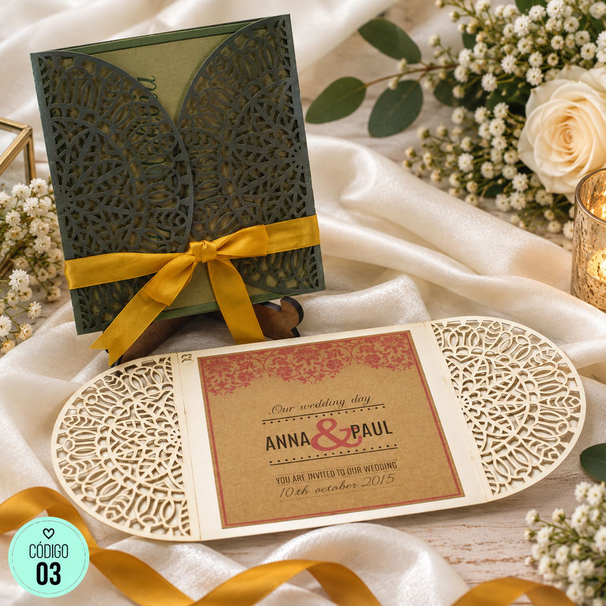 Invitación de boda · Calado oscuro con lazo dorado · 03