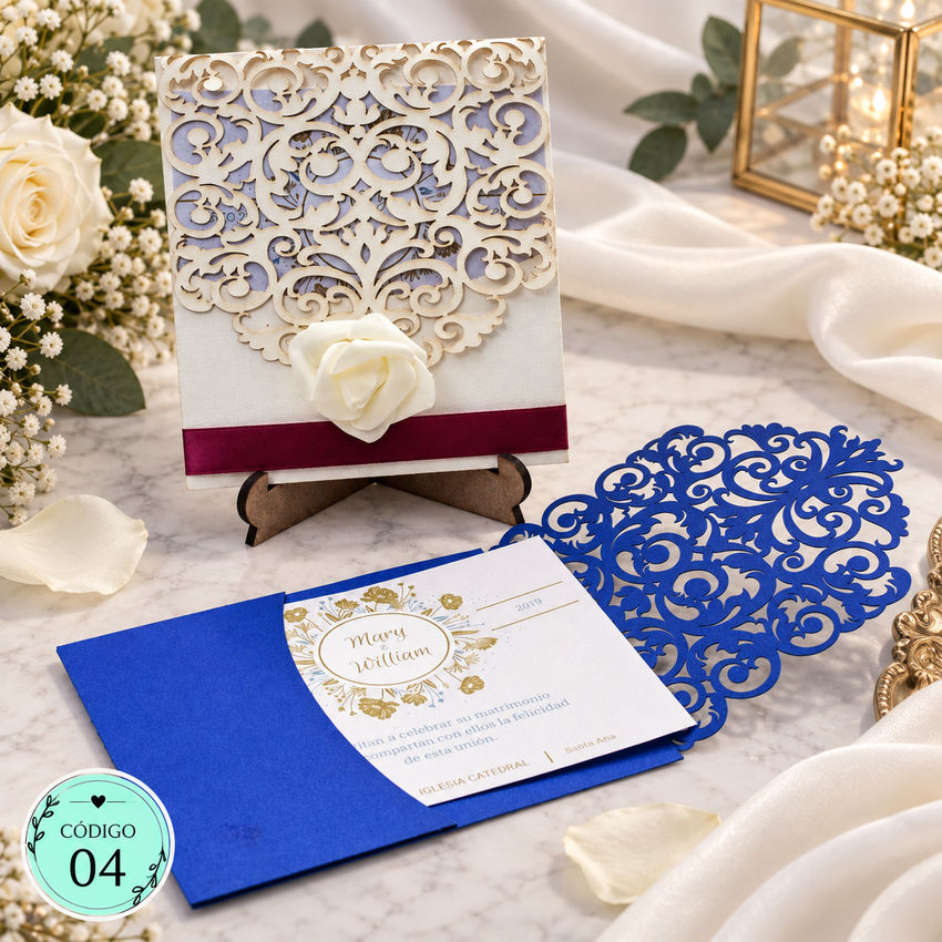 Invitación de boda · Encaje blanco con flor y cinta vino · 04