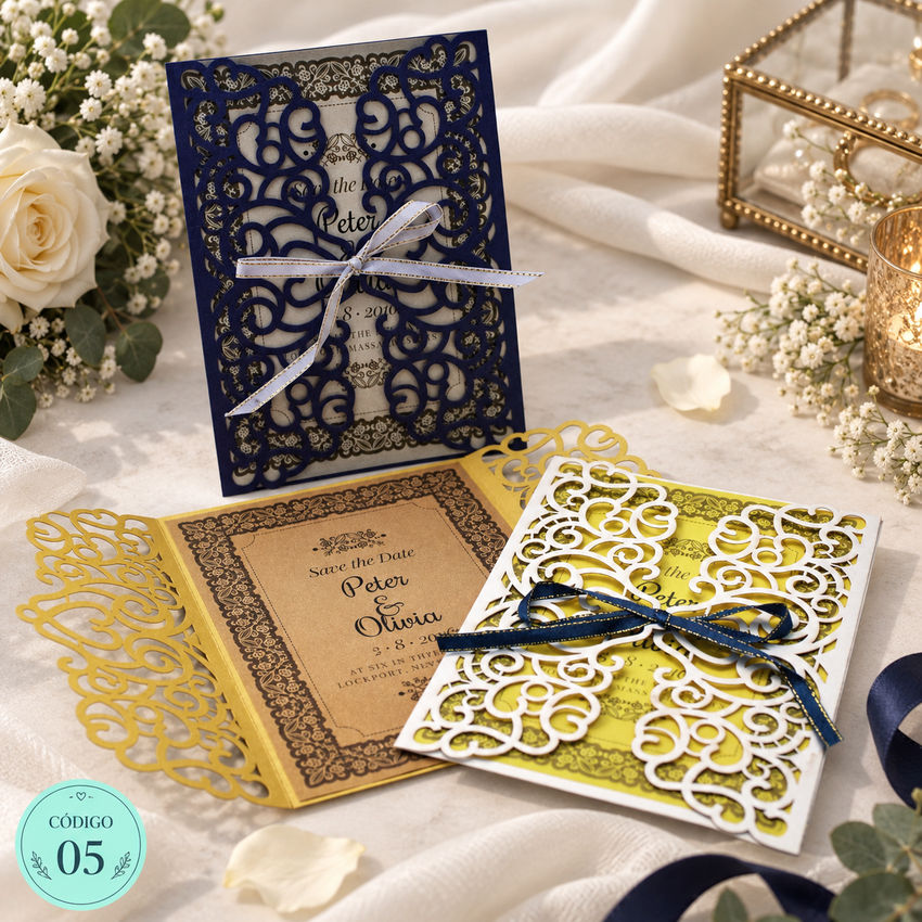 Invitación de boda · Calado azul con cinta cruzada · 05