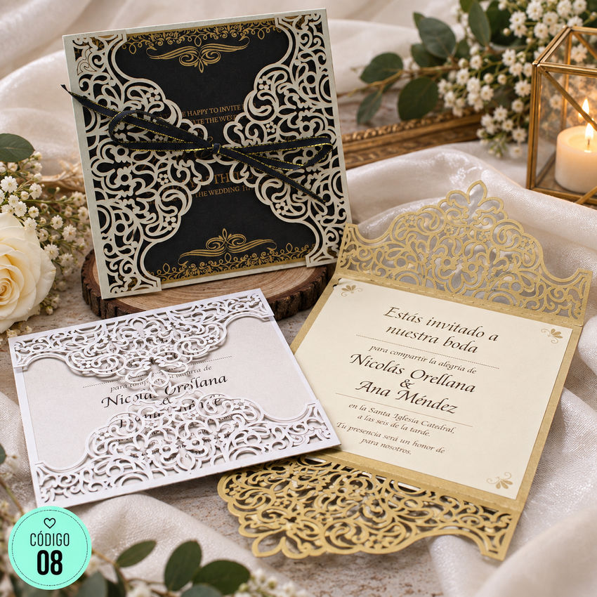 Invitación de boda · Marco dorado con centro oscuro · 08