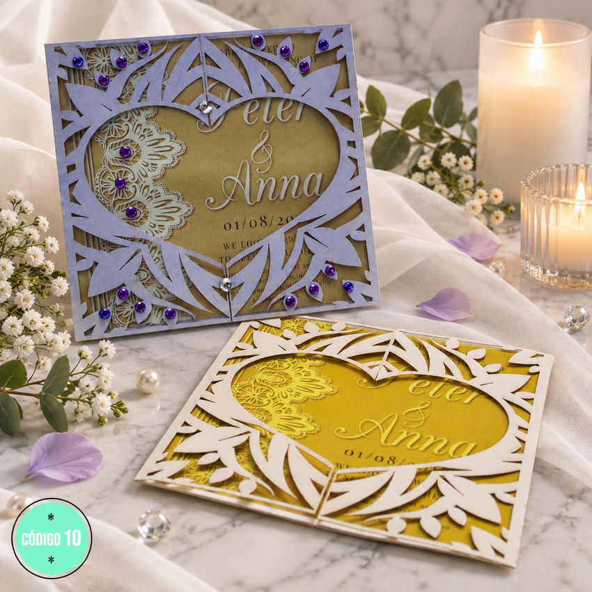 Invitación de boda · Corazón central con marco ornamental · 10