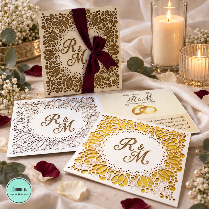 Invitación de boda · Inicial decorativa con lazo vino · 15