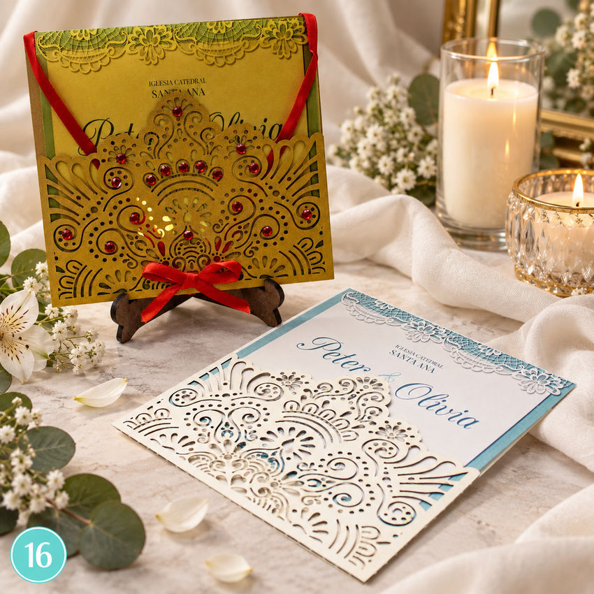 Invitación de boda · Calado dorado con cinta roja · 16