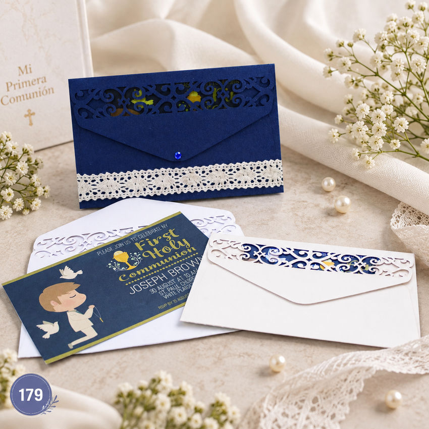 Invitación de boda · Sobre azul con banda de encaje · 179