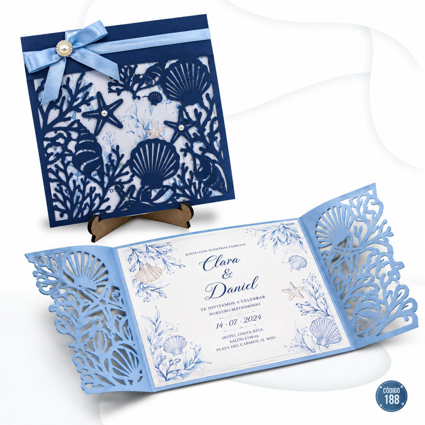 Invitación de boda · Calado de flores con cinta cruzada · 188
