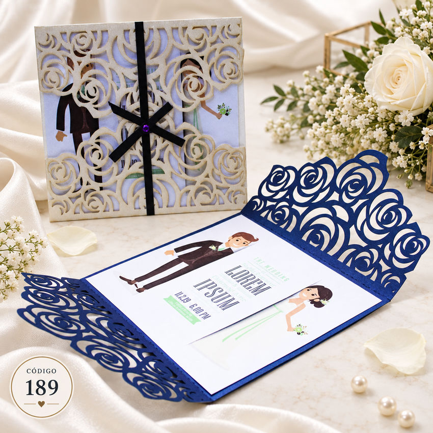 Invitación de boda · Calado rosa con lazo negro · 189