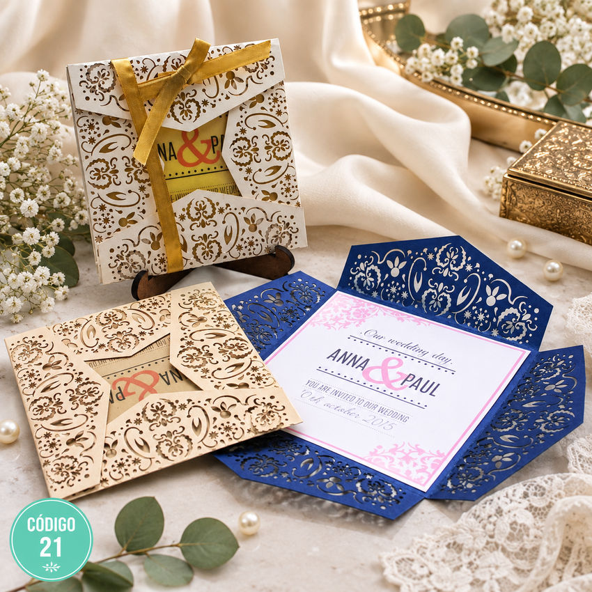 Invitación de boda · Encaje blanco y dorado con lazo · 21