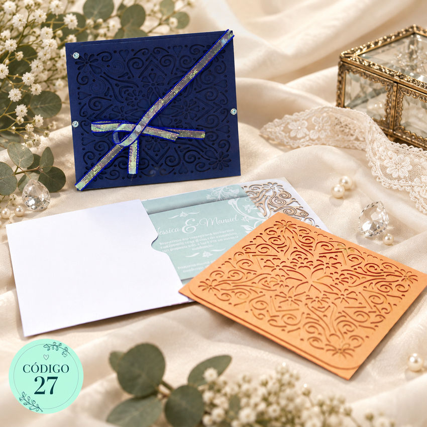 Invitación de boda · Sobre azul con cintas cruzadas · 27