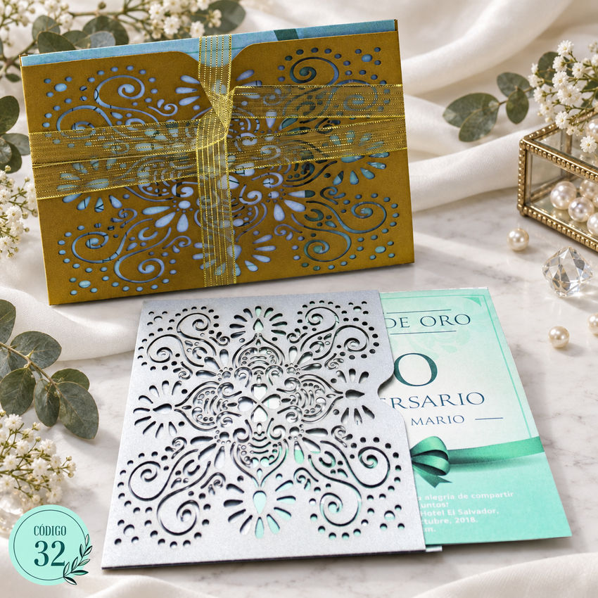 Invitación de boda · Encaje floral en formato horizontal · 32