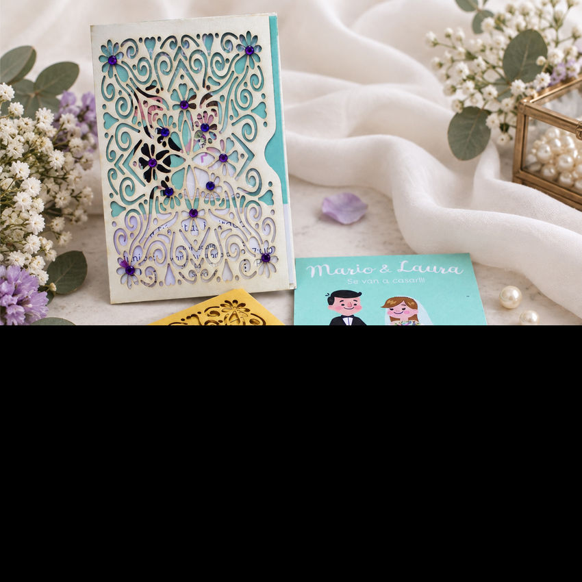Invitación de boda · Portada rosa con marco floral · 34