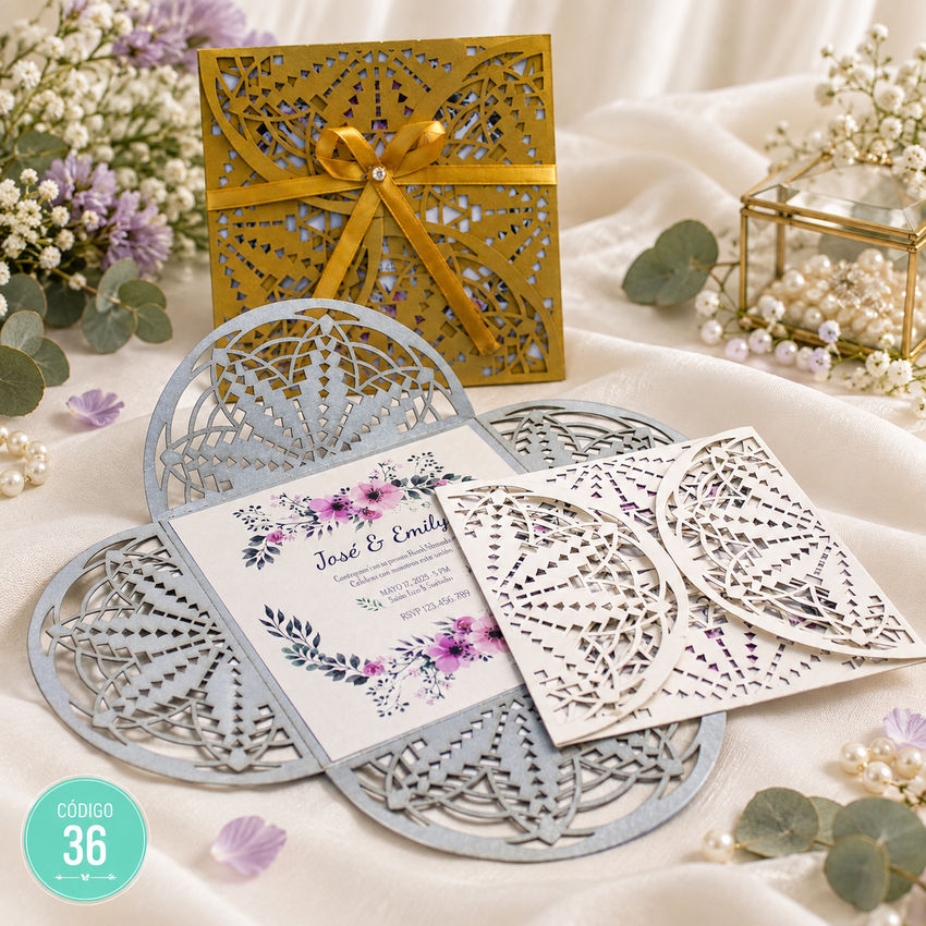 Invitación de boda · Calado ornamental con cinta dorada · 36