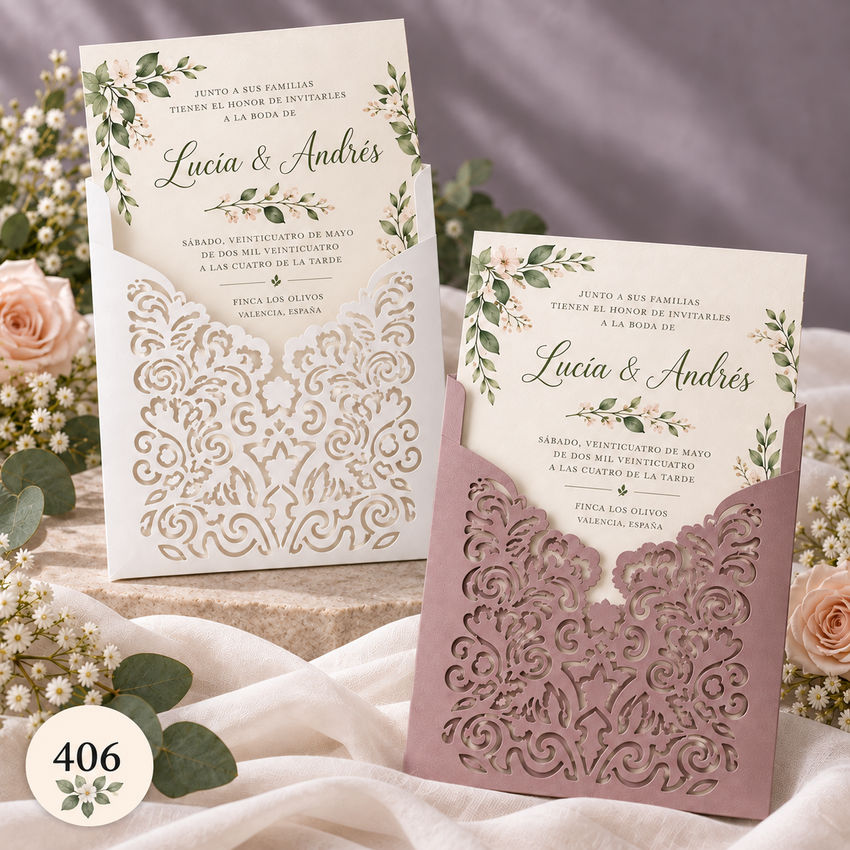 Invitación de boda · Bolsillo con borde floral · 406