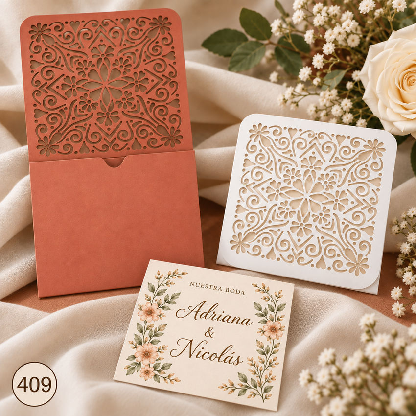 Invitación de boda · Sobre rosa con solapa ornamental · 409