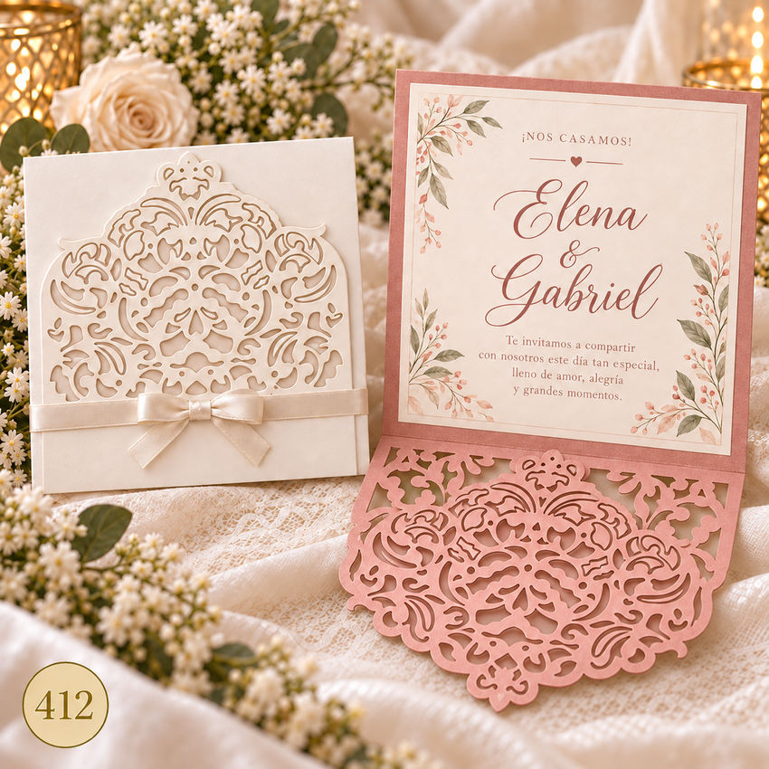 Invitación de boda · Bolsillo lila con filigrana inferior · 412