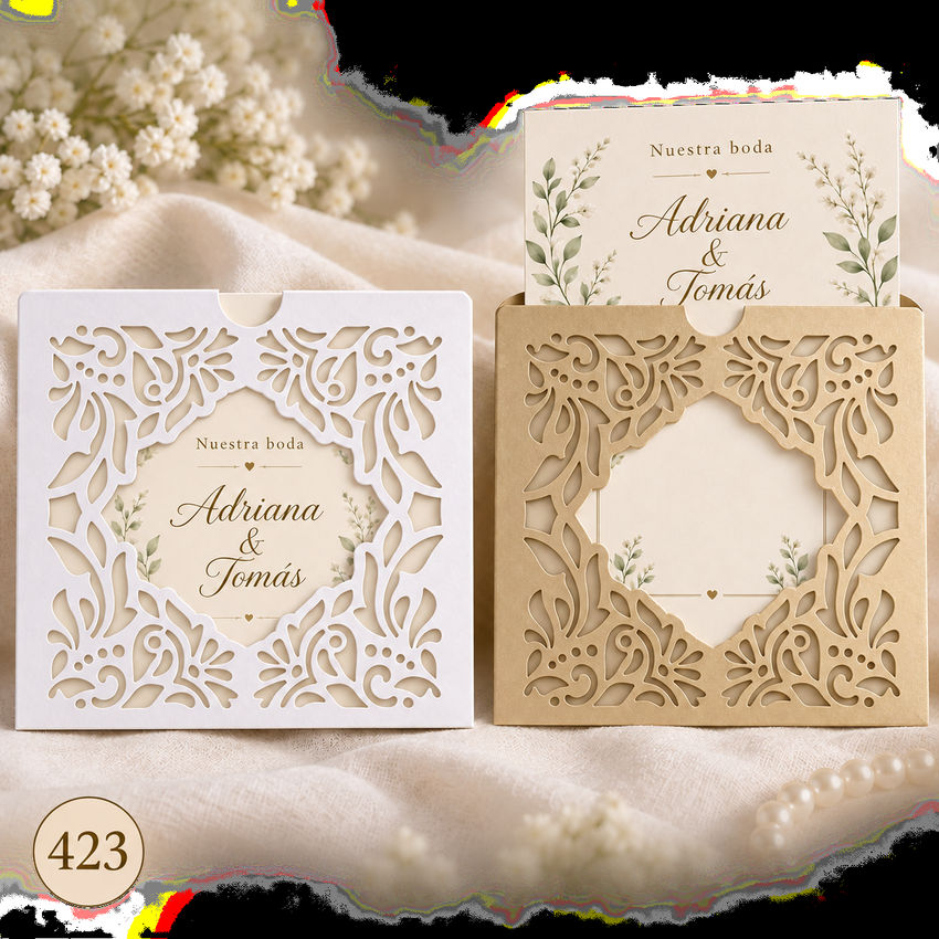 Invitación de boda · Marco calado de hojas y flores · 423
