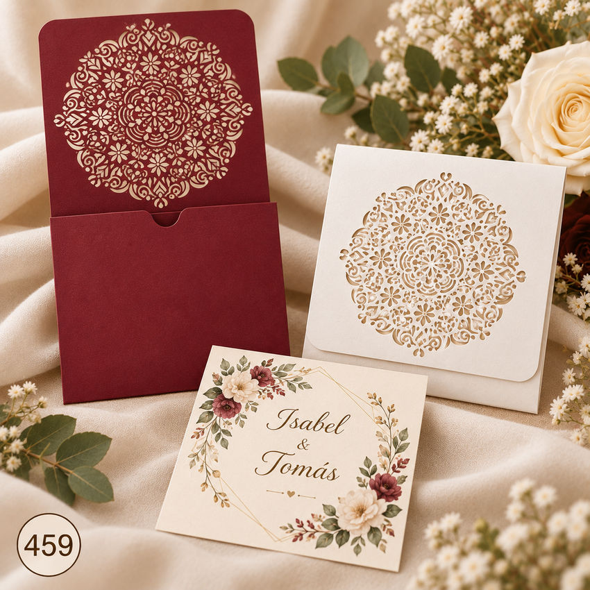 Invitación de boda · Mandala floral en portada fucsia · 459