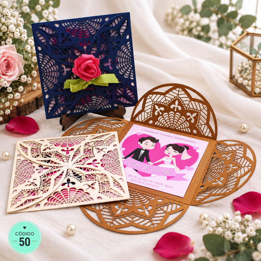 Invitación de boda · Calado con rosa central · 50