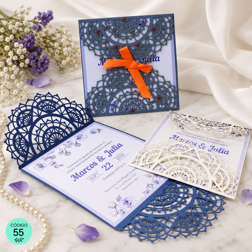 Invitación de boda · Encaje azul con cinta naranja · 55