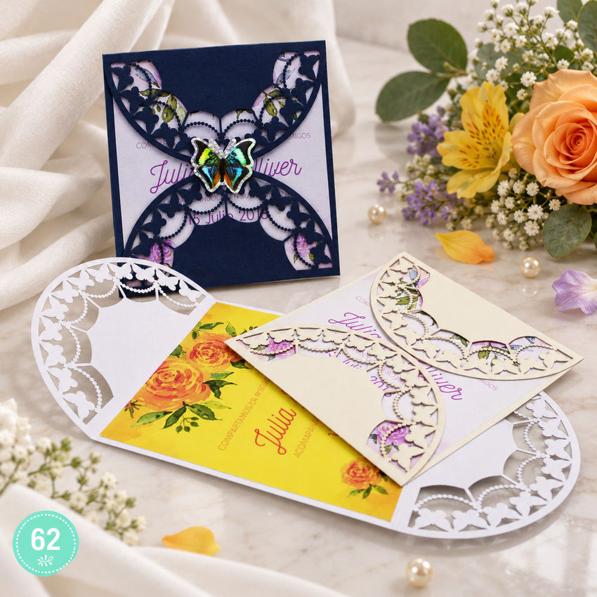 Invitación de boda · Apertura vegetal con adorno central · 62