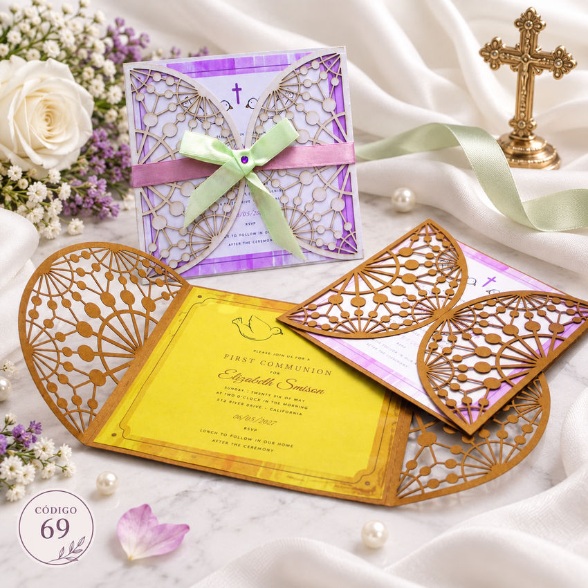 Invitación de boda · Filigrana rosa con cintas cruzadas · 69