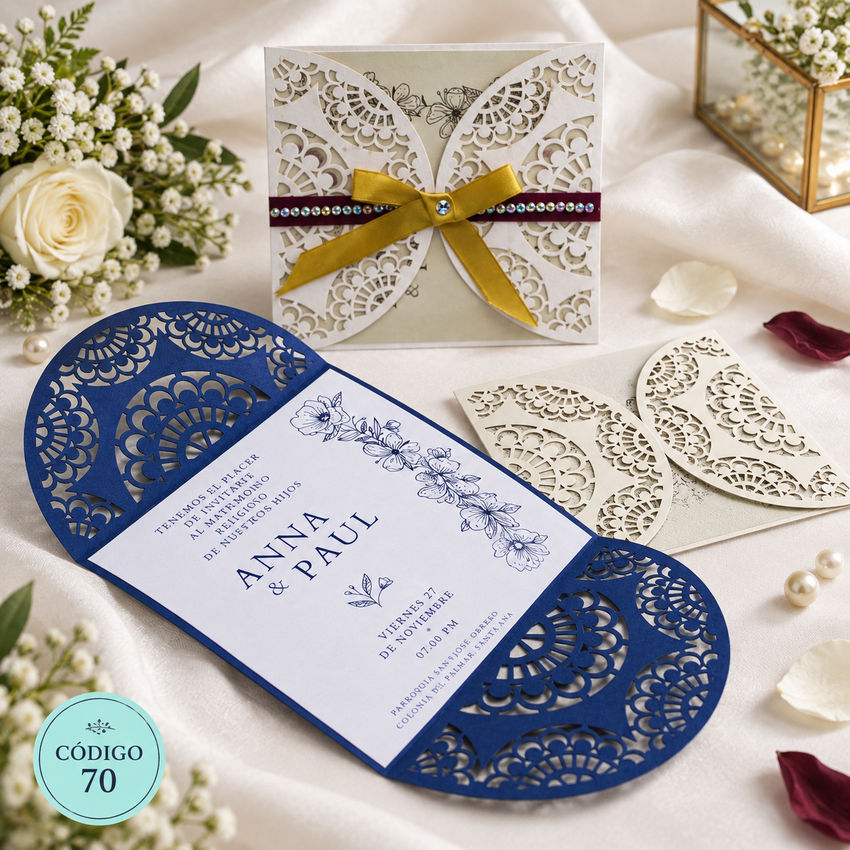 Invitación de boda · Calado rosa con lazo vino · 70