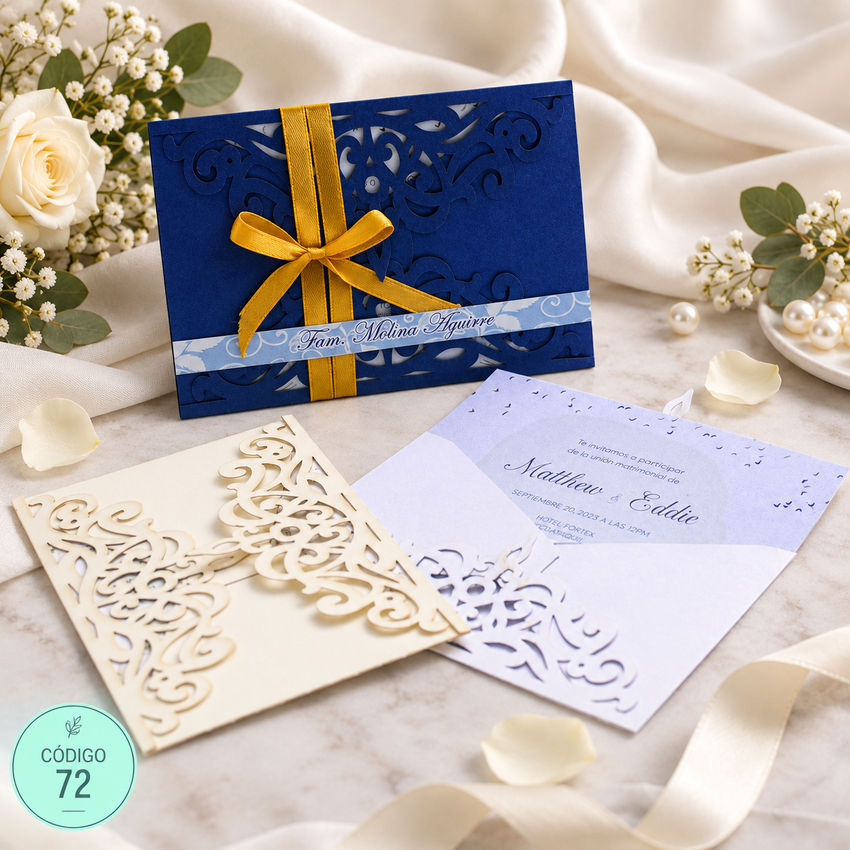 Invitación de boda · Sobre azul con lazo amarillo · 72