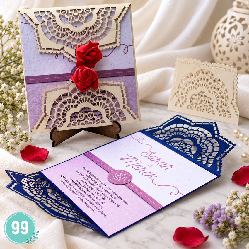 Invitación de boda · Filigrana rosa con dos rosas rojas · 99
