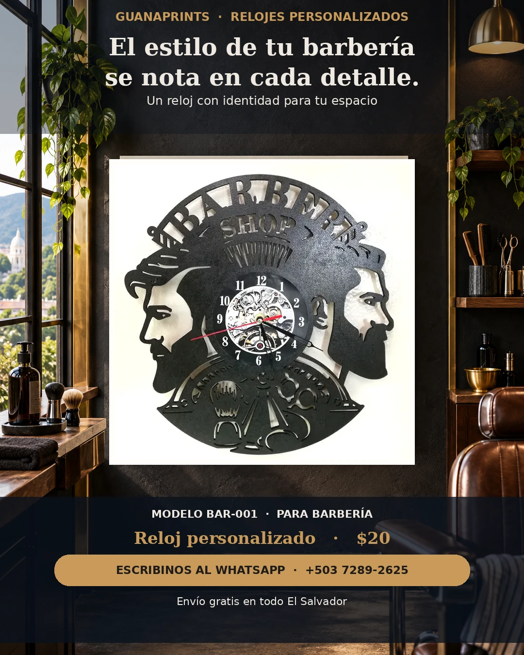 Reloj BAR-001 presentado en el interior de una barbería, formato feed