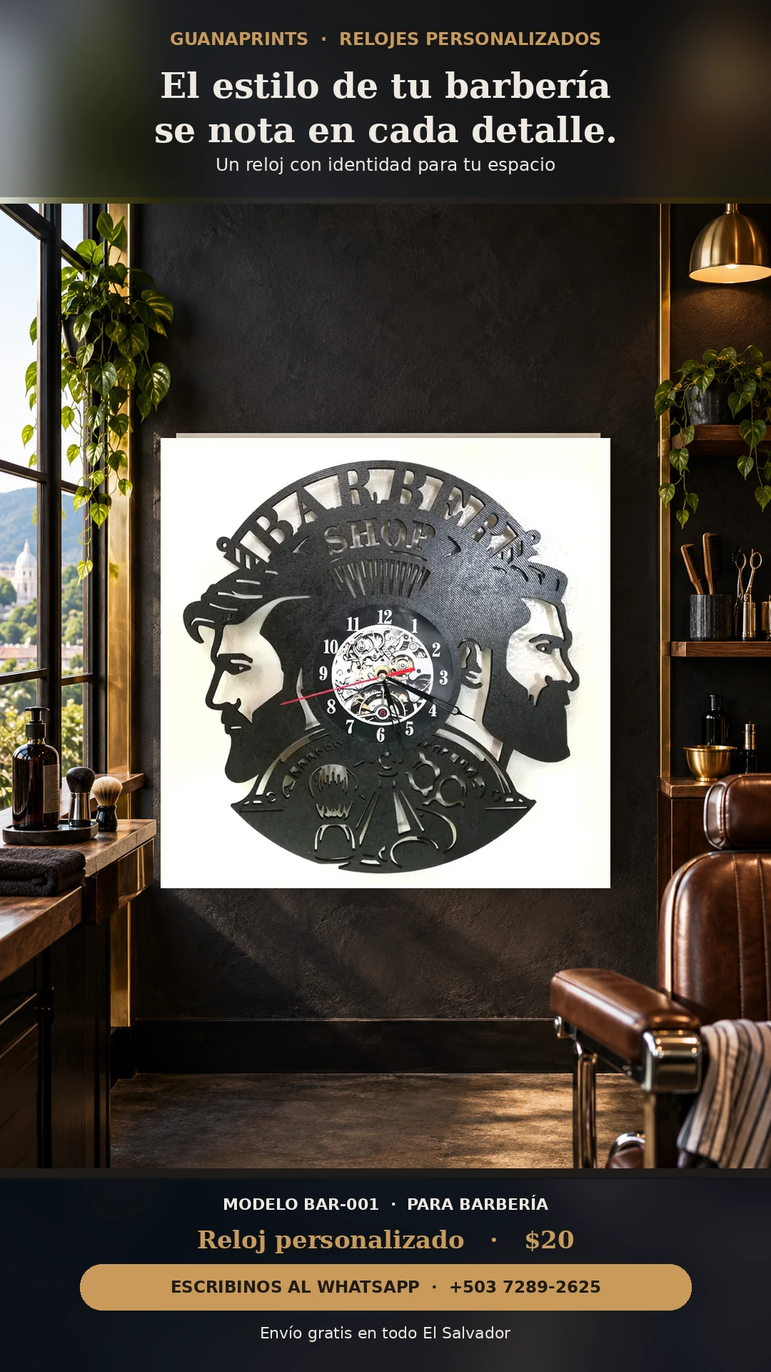 Versión vertical para story del reloj de barbería BAR-001