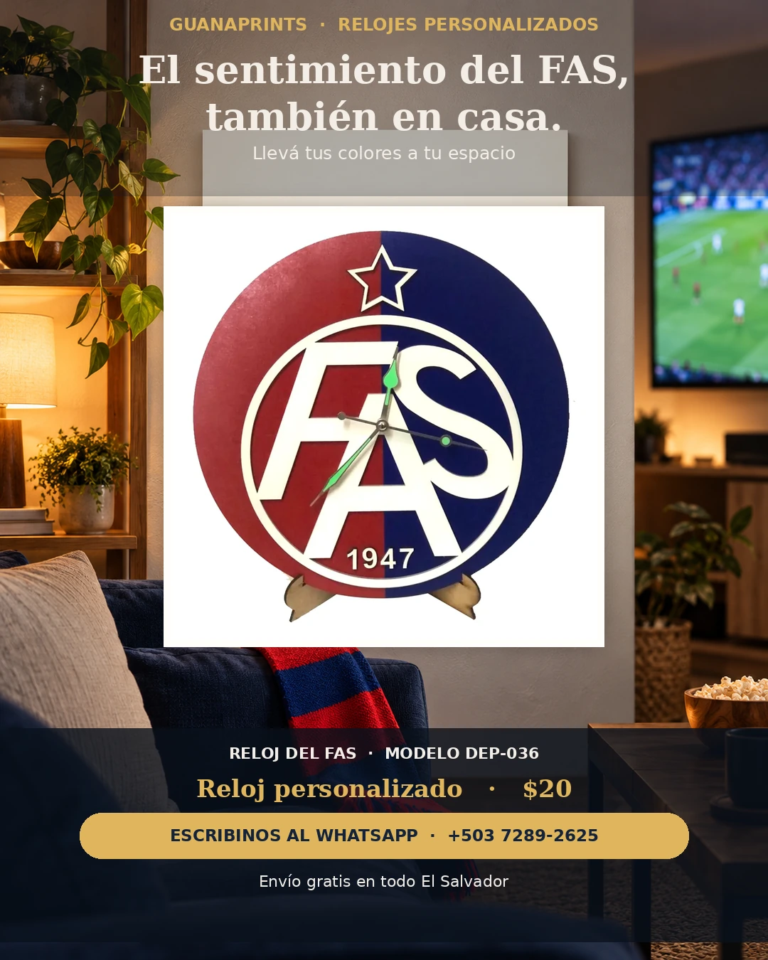 Reloj del FAS DEP-036 en una sala cálida durante un partido, formato feed