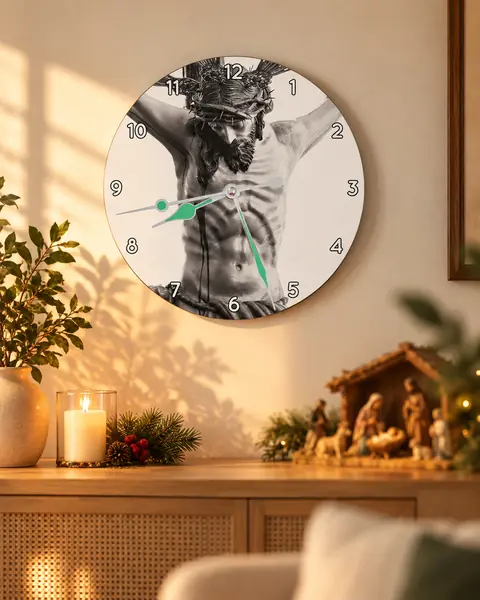 Reloj REL-001 en una sala familiar con nacimiento y vela, escena navideña para feed