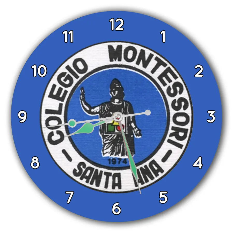 Reloj Colegio Montessori sobre azul · COL-017